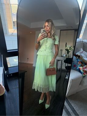 Self-Portrait Lime Belted embellished boucle and lace-trimmed chiffon midi dress